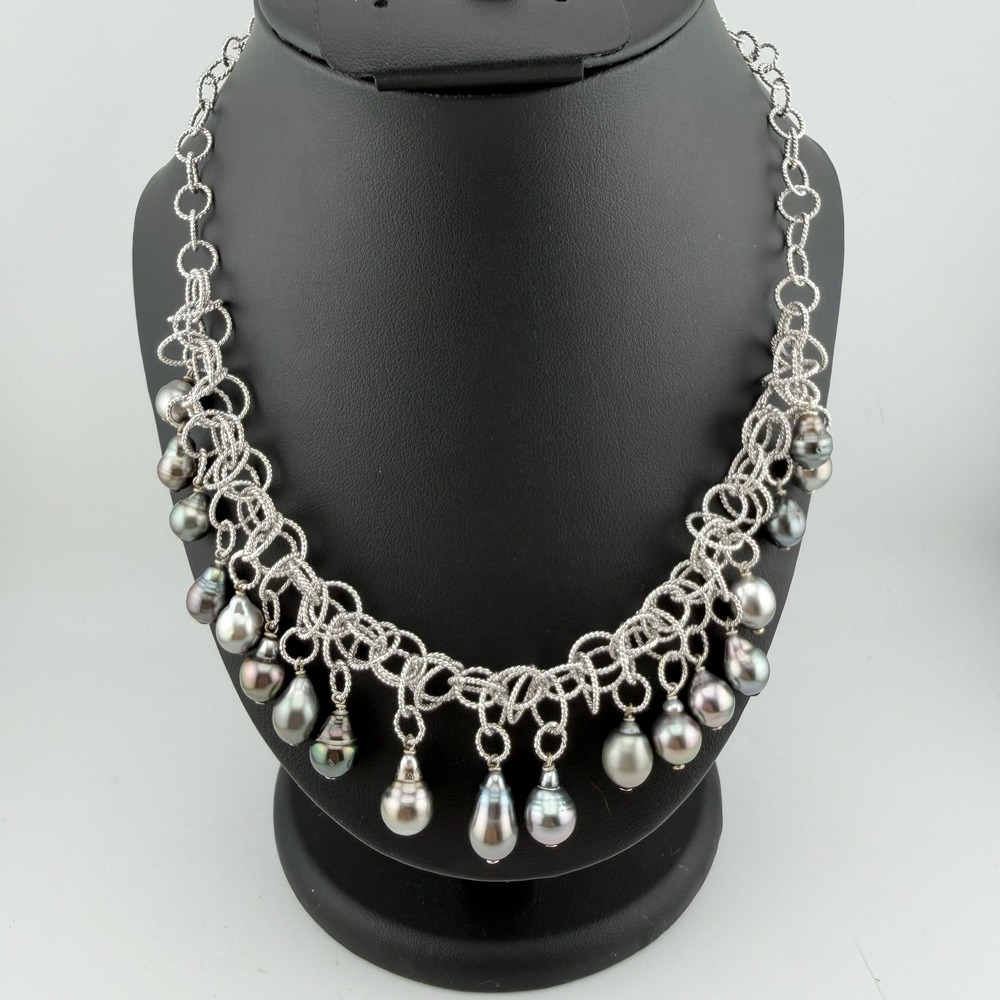 WW Grey Tahitian Pearl Sterling Silver 925 Dangle Fringe Bib Necklace